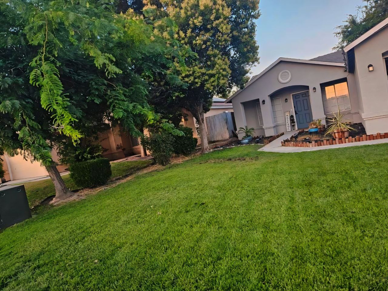 Green residential front lawn with mature shade trees and a finished planting bed near the entry